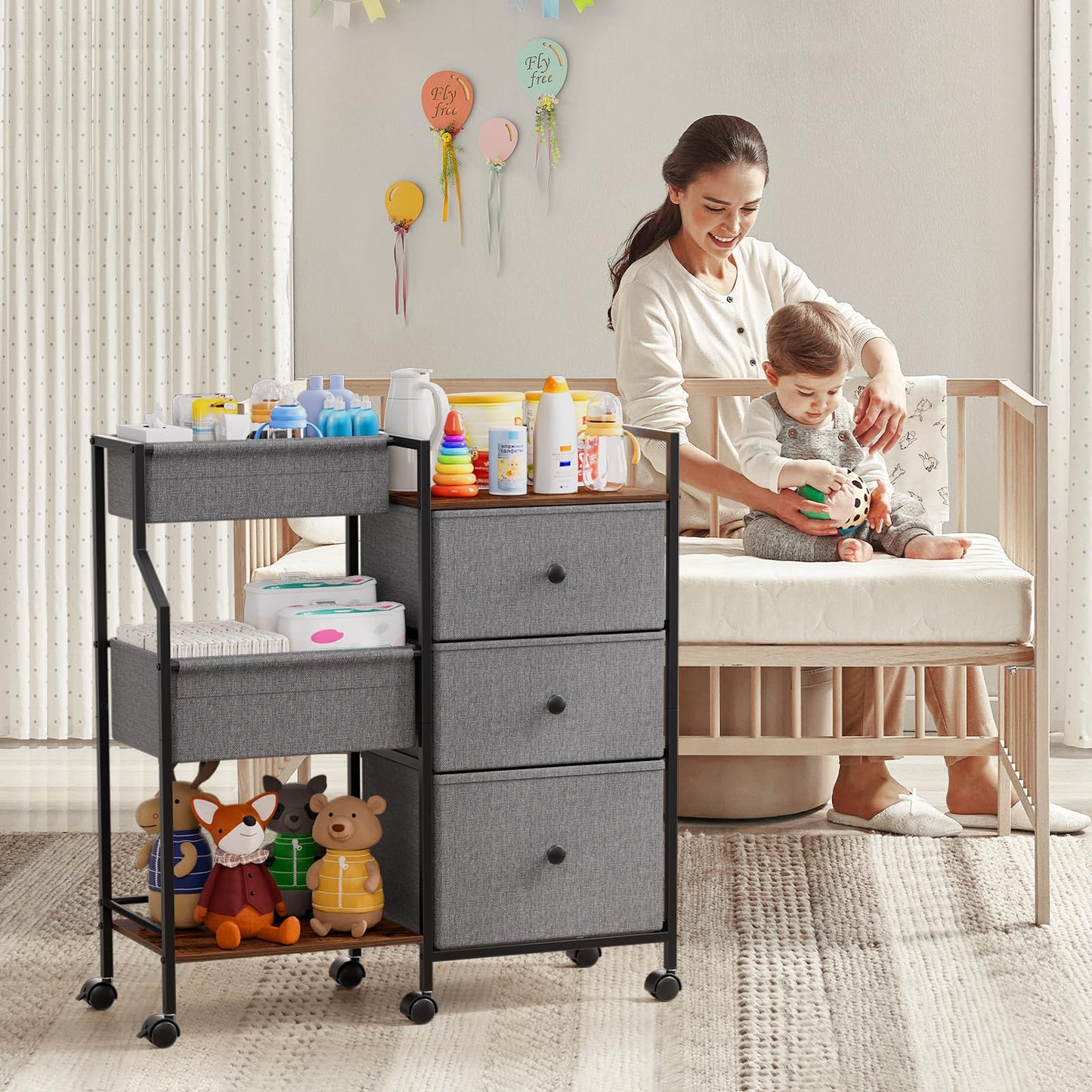 Modanais Baby Diaper Caddy Organizer And Storage - 3 Tier Rolling Cart With Dividers And Drawers, Easy To Assemble, Mobile Utili