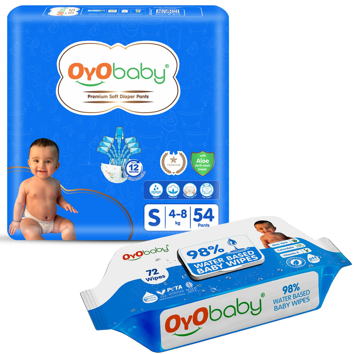 Oyo Baby Baby Gentle Wet Wipes With Aloe Vera, 72 Wipes And Oyo Baby All Round Protection Pants, Small Size Baby Diapers, 54 Cou