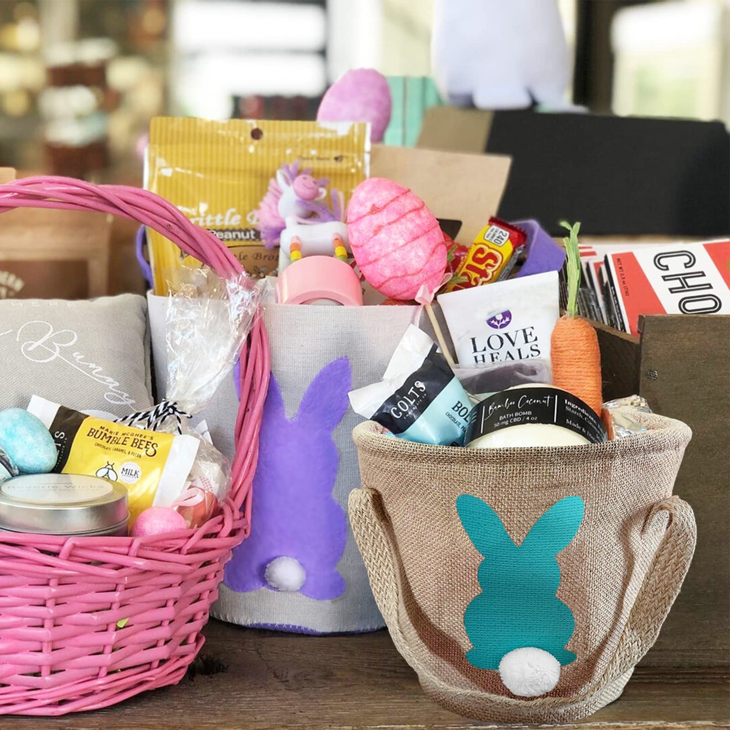 3Pcs Easter Bunny Basket - Burlap Carrying With Two Handles Gift And Eggs Hunt Bag, Fluffy Tails Printed Rabbit Toys Bucket Tote