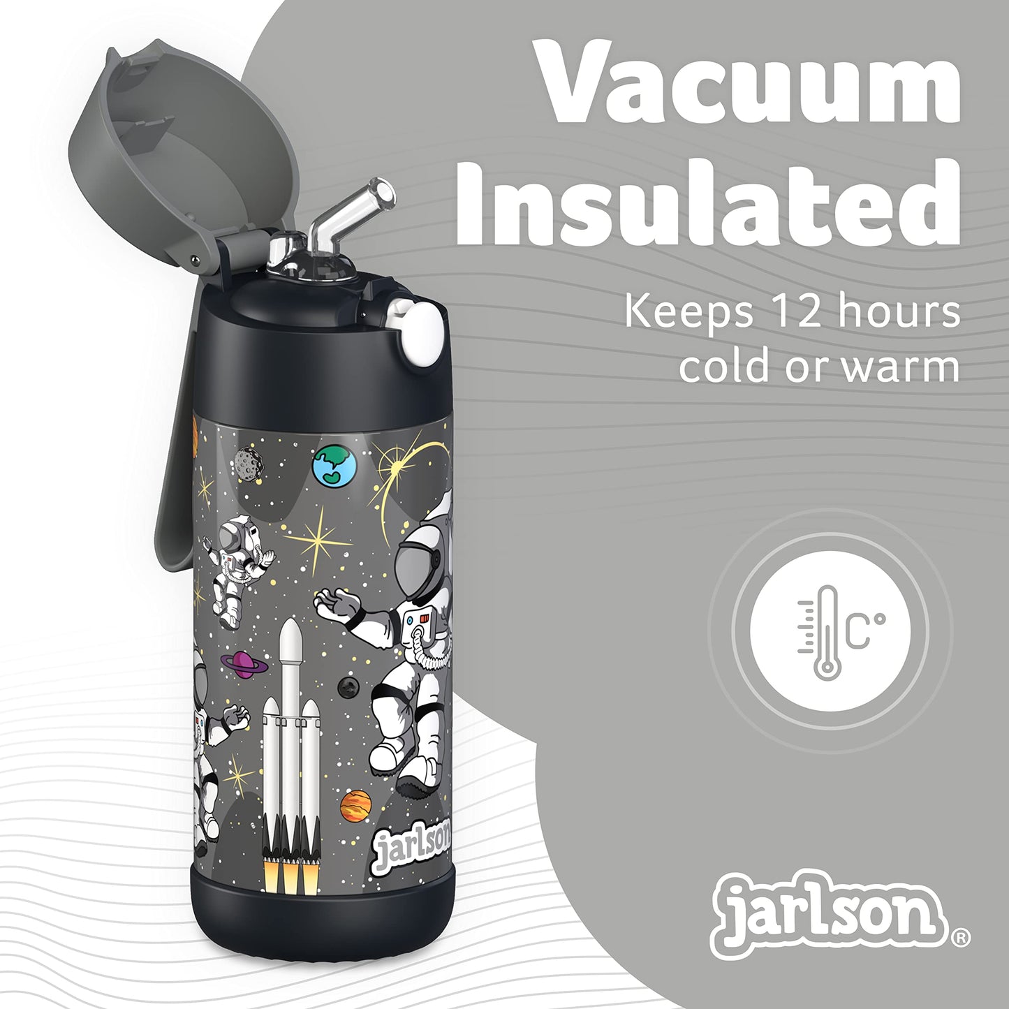 Jarlson Kids Water Bottle With Straw - Charli - Insulated Stainless Steel Water Bottle - Thermos - Girlsboys (Astronaut Star, 12