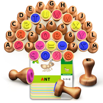 Wooden Alphabet Number Stamps for Kids, Letter ABC Math Learning Stampers Toys, Montessori Education Toys Gifts for 3 4 5 Year O