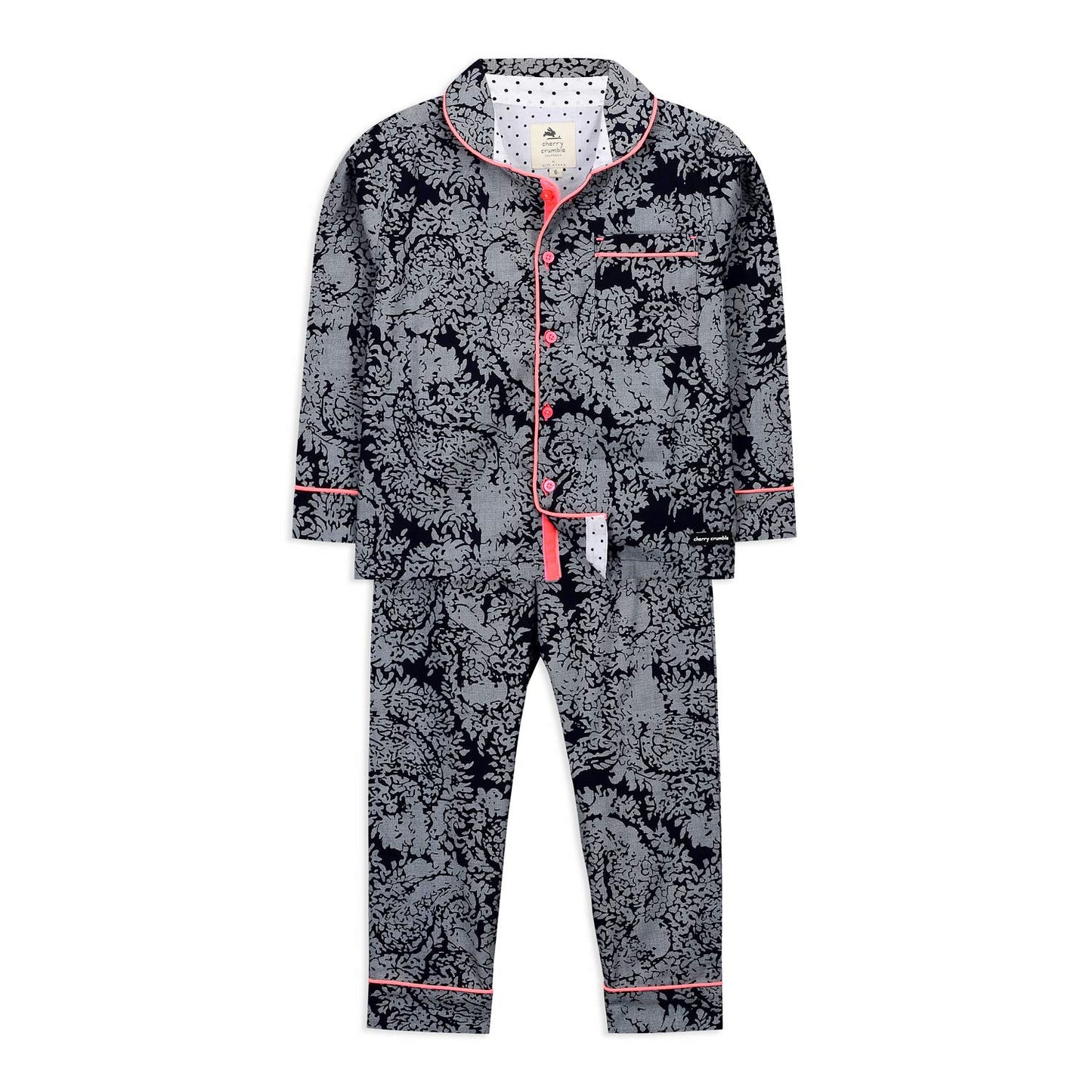 Cherry Crumble BlackGrey Printed 100% Cotton Full Sleeves Collar Neck Night Wear Regular Fit Summer Nightsuit for Boys and Girl