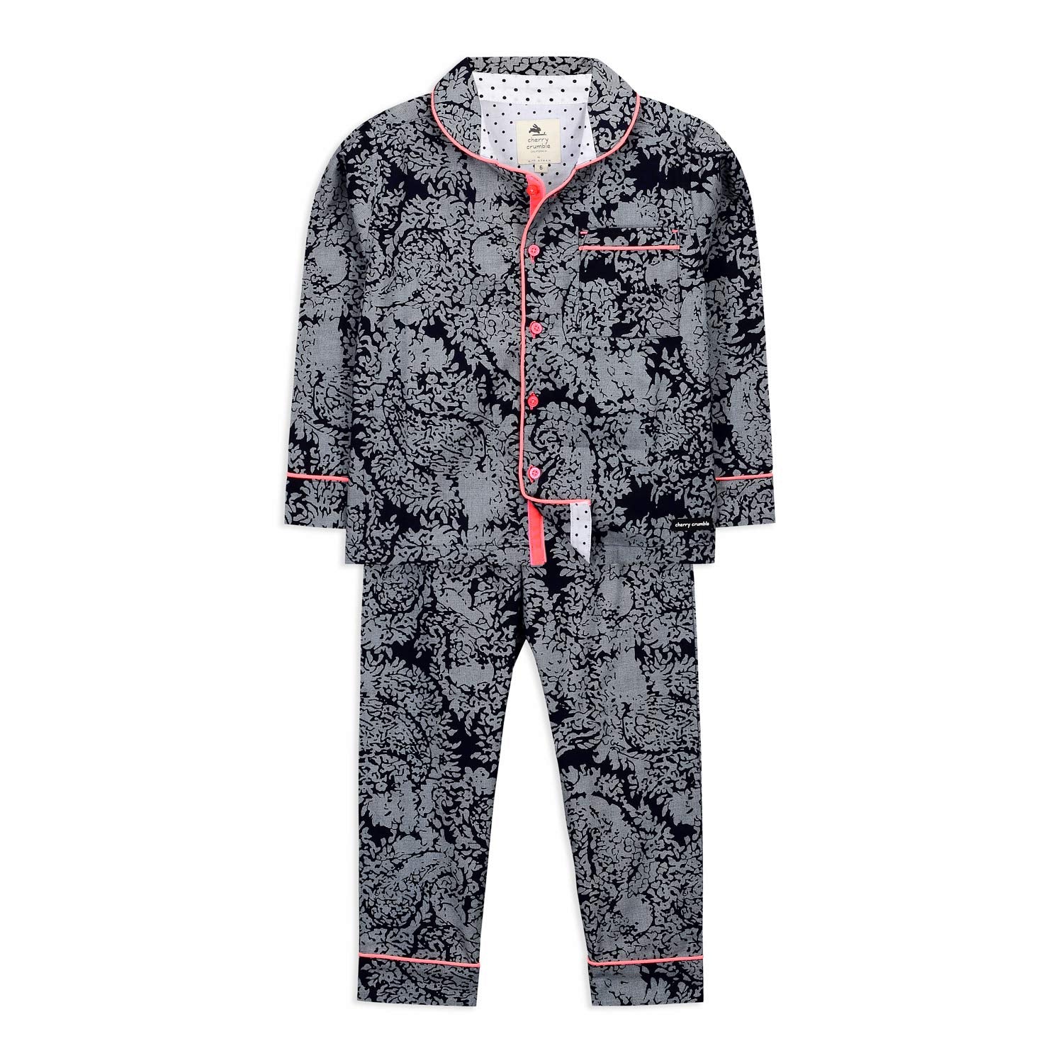 Cherry Crumble BlackGrey Printed 100% Cotton Full Sleeves Collar Neck Night Wear Regular Fit Summer Nightsuit for Boys and Girl