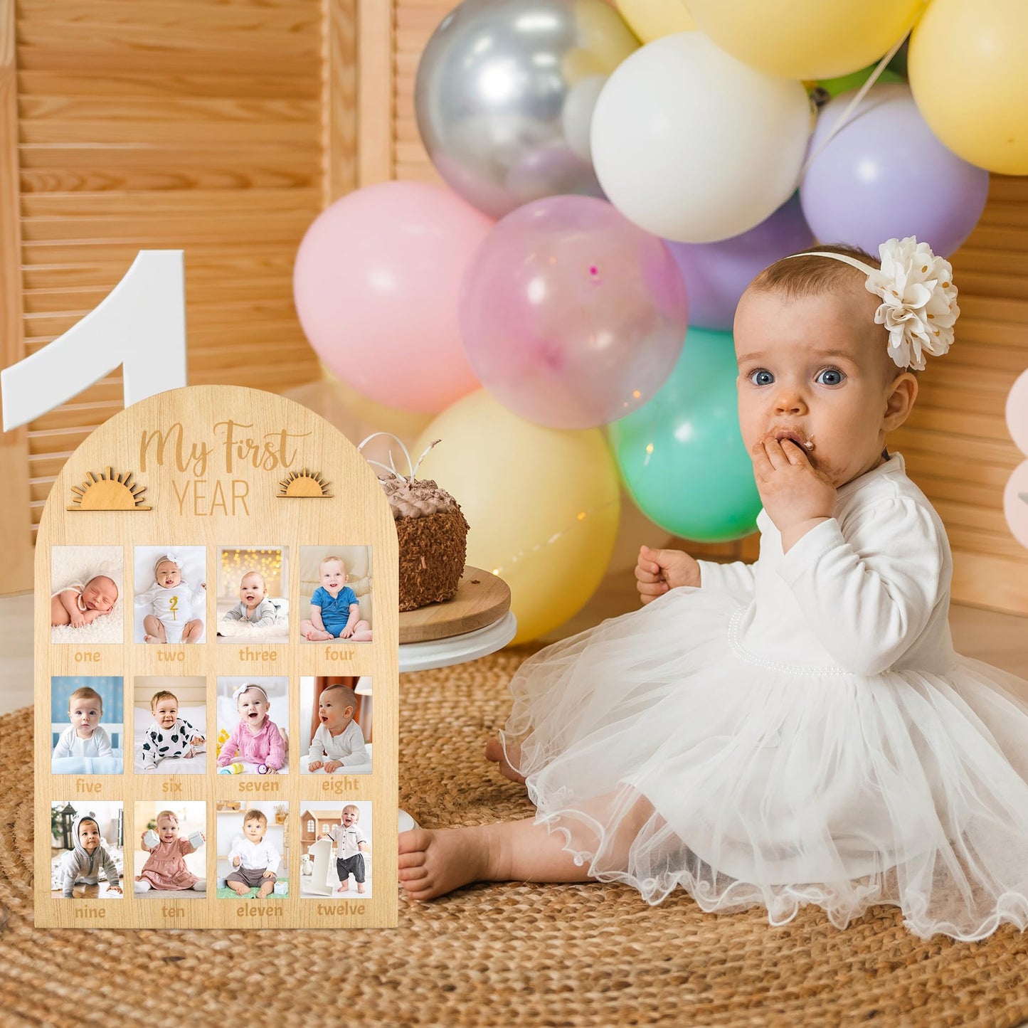 R Horse My First Year Photo Display Wood Board, 3D Boho Sun Baby'S First Year Picture Frame 12 Months Milestone Board Neutral Ba