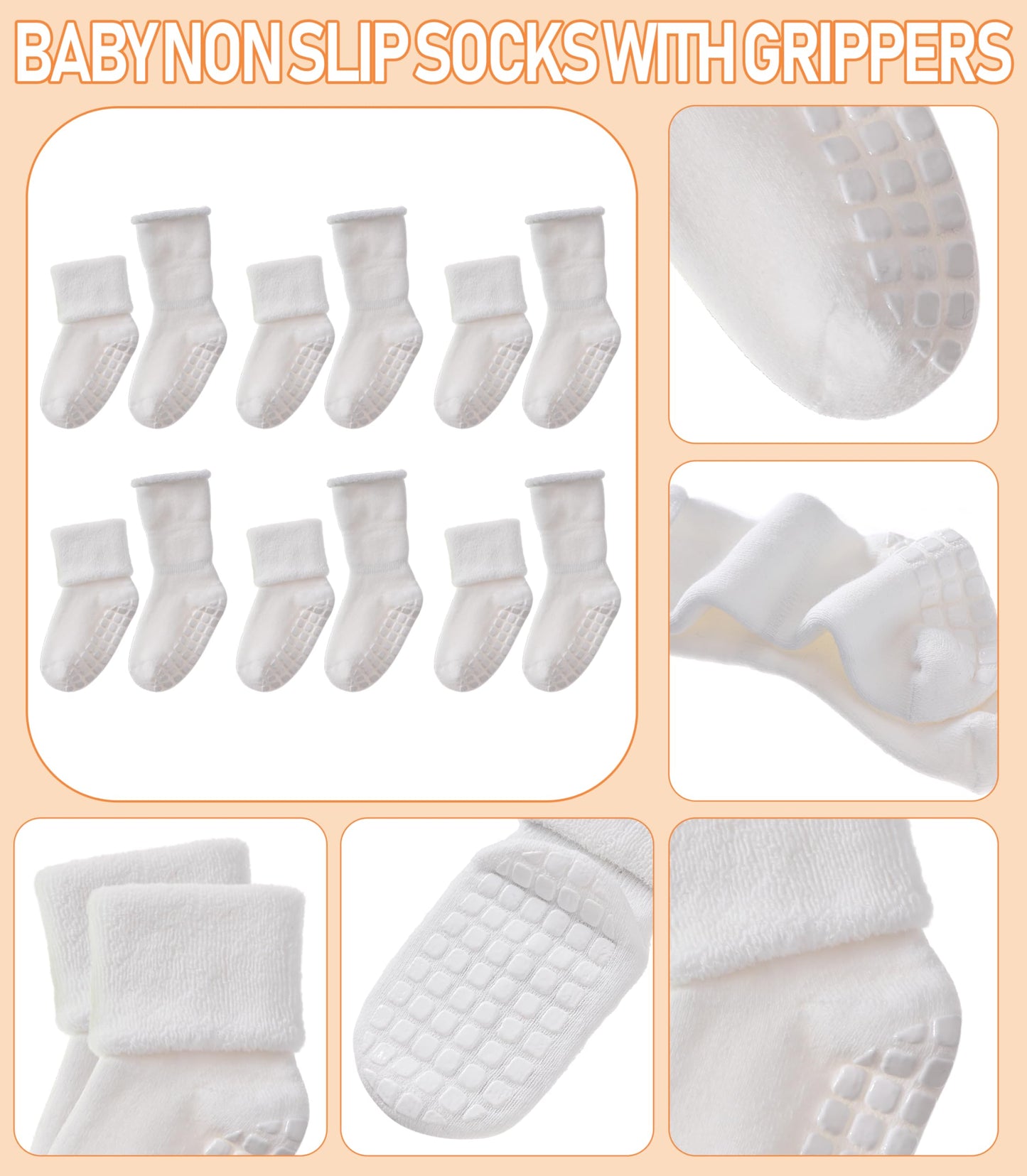 Lanleo Baby Girls Boys Non Slip Socks With Grips Toddler Kids Unisex Warm Thick Cotton Ankle Crew Socks With Grippers 6 Pairs Wh