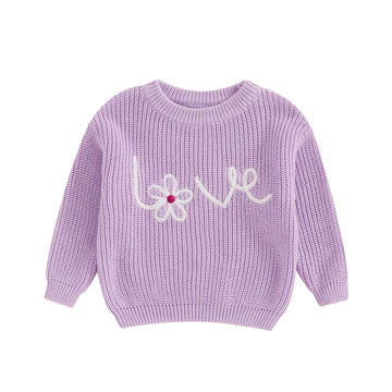 Nokpsedcb Baby Girl Cute Long Sleeve Heart Flowers Embroidery Oversized Sweater Toddler Valentine Outfit (Purple Love Flower, 18