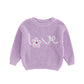 Nokpsedcb Baby Girl Cute Long Sleeve Heart Flowers Embroidery Oversized Sweater Toddler Valentine Outfit (Purple Love Flower, 3-