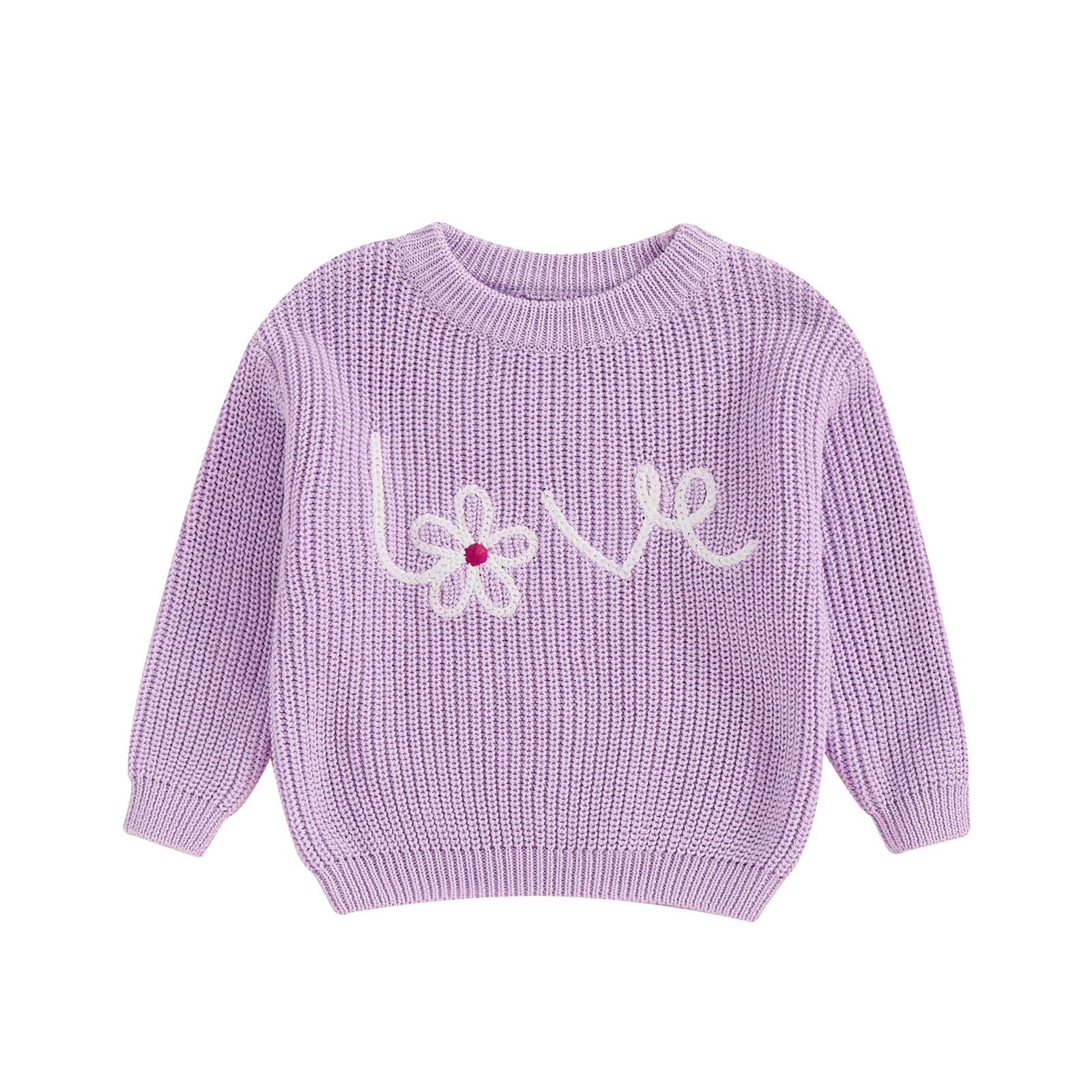 Nokpsedcb Baby Girl Cute Long Sleeve Heart Flowers Embroidery Oversized Sweater Toddler Valentine Outfit (Purple Love Flower, 3-