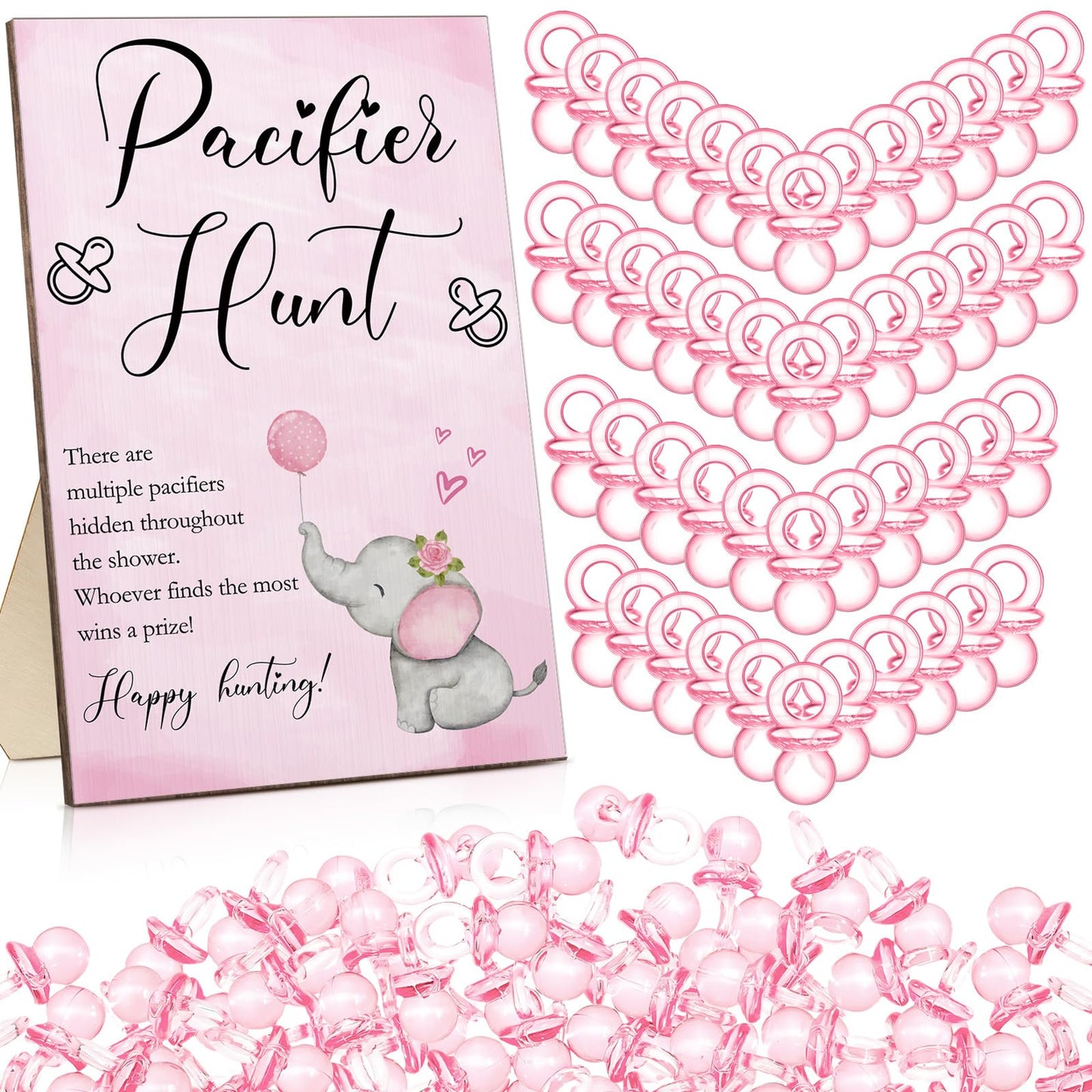 Roowest 51 Pcs Pacifier Hunt BabyShower Games Include Wooden Hunt Sign and 50 Acrylic Mini Plastic Pacifiers for BabyShower Game