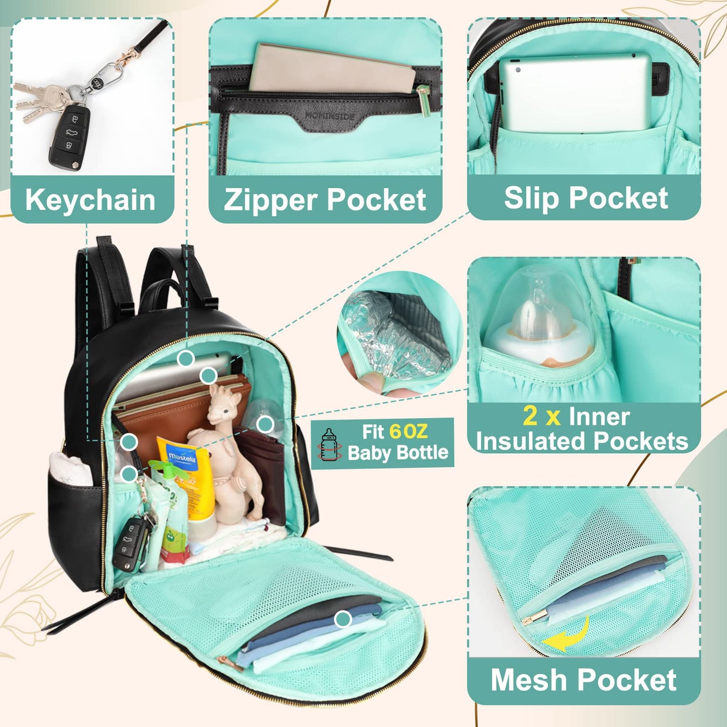 Mini Diaper Bag Backpack Mominside Small Baby Diaper Bag With 11 Pockets, Leather Travel Baby Bag For Baby Girls Boys, Diaper