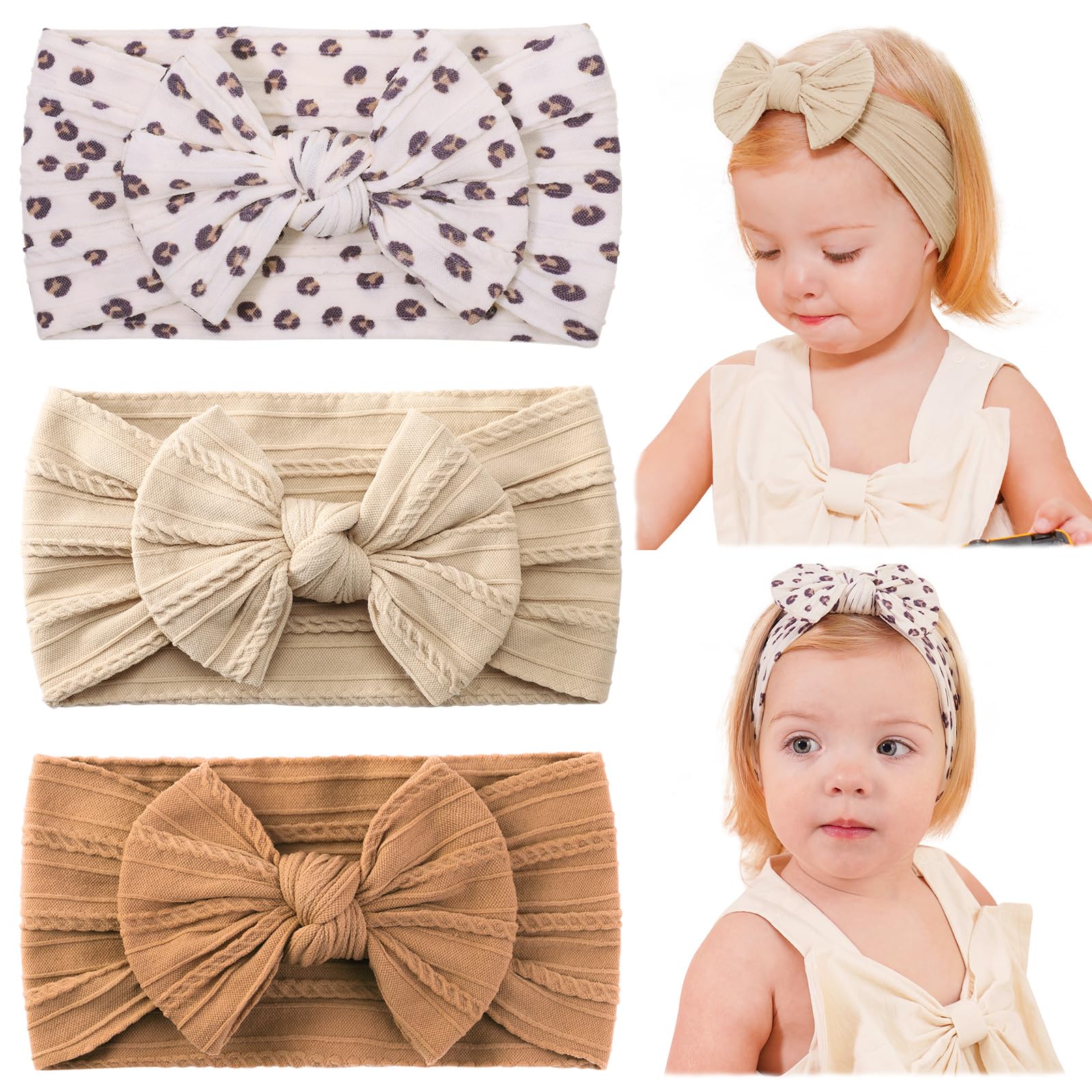 Jollybows Baby Girl Headband Bows Nylon Head Wraps Newborn Hairbands Infant Toddler Hair Bow (3- Khaki Ginger Leopard)