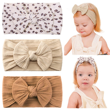 Jollybows Baby Girl Headband Bows Nylon Head Wraps Newborn Hairbands Infant Toddler Hair Bow (3- Khaki Ginger Leopard)