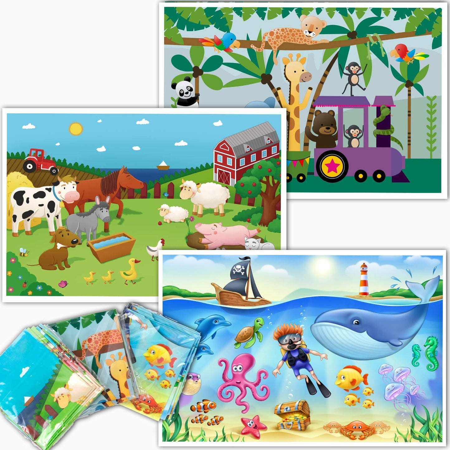 HomeWorthy 60 Pack Disposable Placemats for Baby, 3 Design Pack Baby Eating Mat, 12 x 18 Sticky Kids Placemat, Toddler Place mat