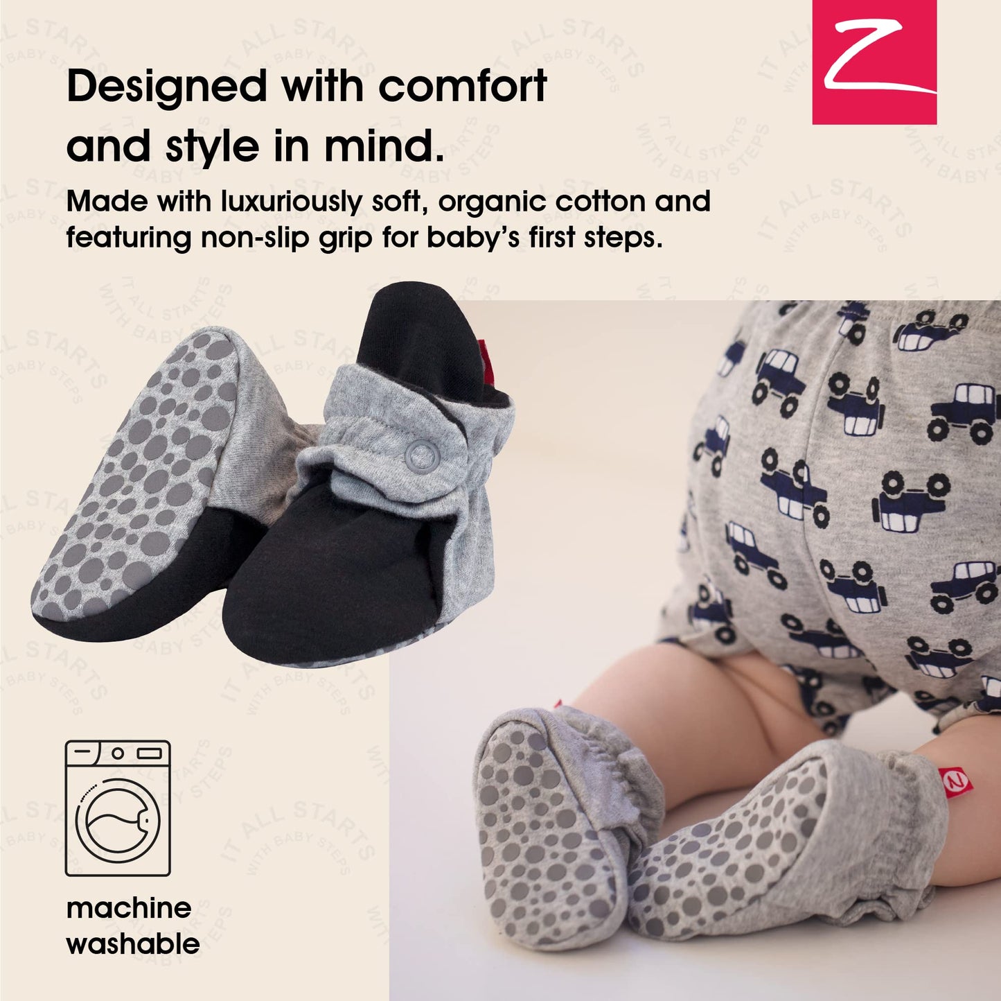 Zutano Unisex Organic Cotton Baby Booties With Gripper Soles, Gray Heather/Black, 12M