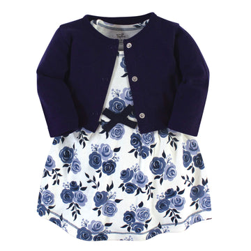 Touched By Nature Baby Girls Organic Cotton And Cardigan Casual Dress, Navy Floral, 5T Us