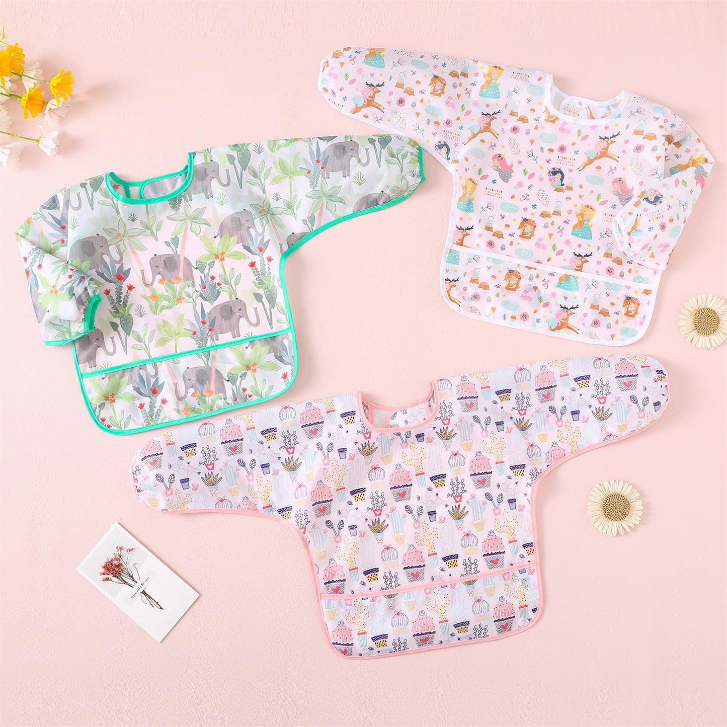 Haimoburg Long Sleeved Bibs, Pack Of 5,Lightweight Waterproof Shirt Bibs For Baby Toddler 6-30 Months