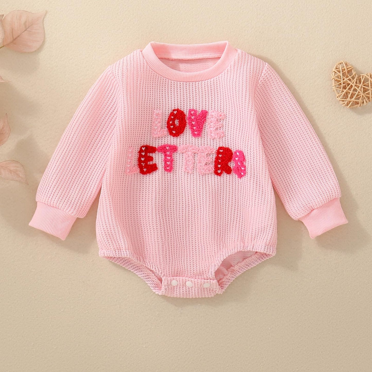 Newborn Baby Girl Valentines Day Outfit Love Bubble Romper Waffle Knit Sweater Oversized Pullover Sweatshirt Tops (Pink-4,3-6 Mo