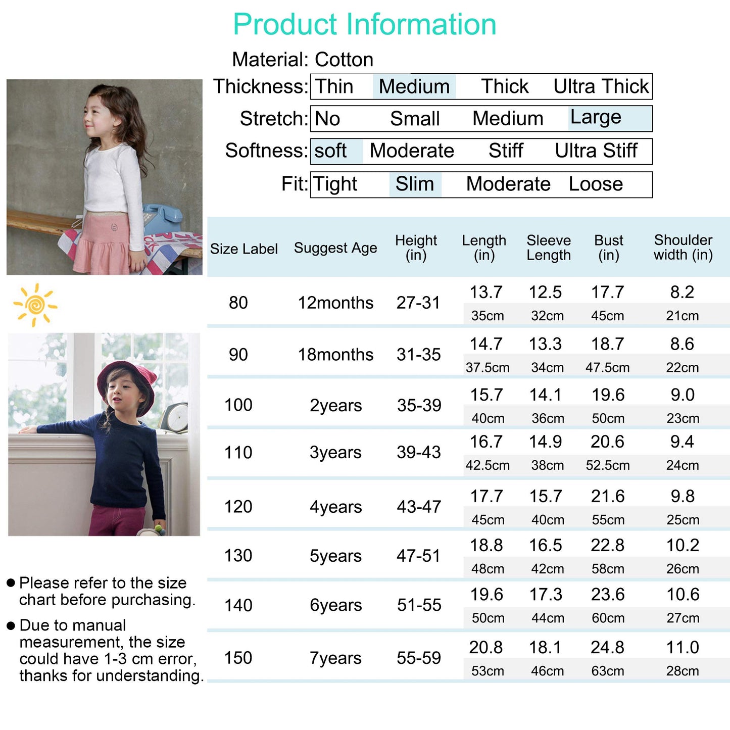 Kisbini Unisex Girls 100% Cotton Long Sleeve T-Shirt Top Tees Light Grey 2T