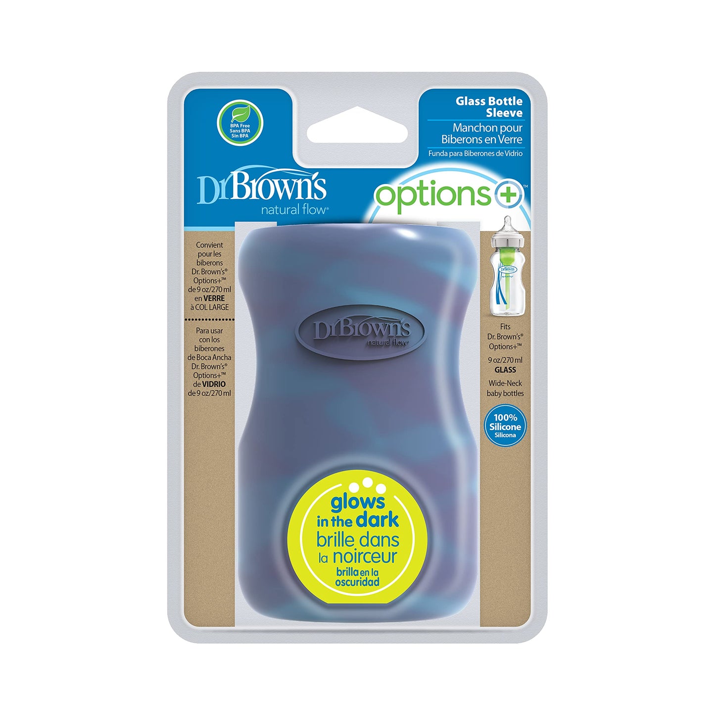 Dr. Brown'S Natural Flow Options+ Glass Baby Bottle Sleeves,100% Silicone,9 Oz,Wide-Neck,Glow In The Dark
