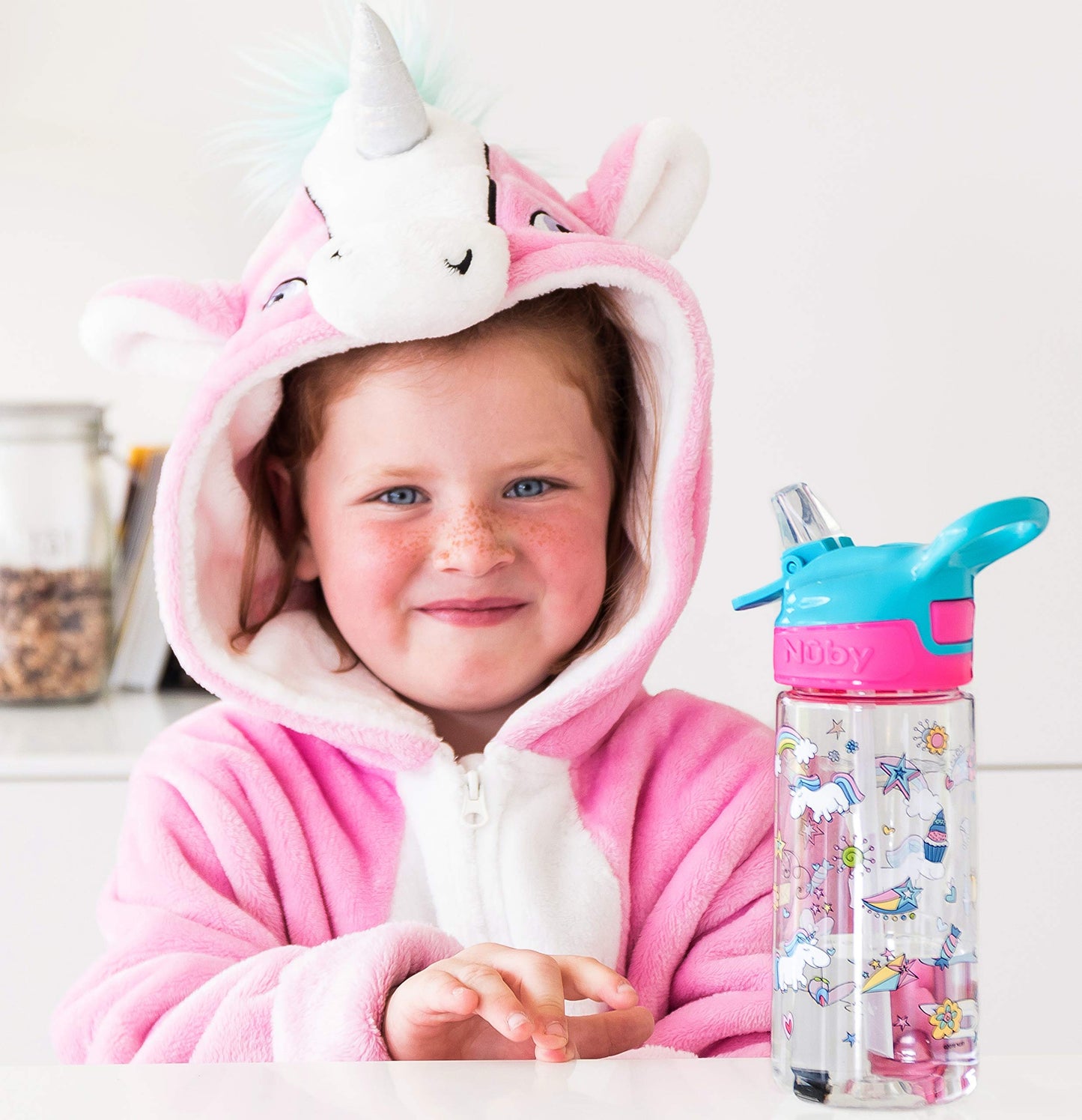 Nuby Push Button Flip-It Soft Spout Tritan Water Bottle, Pink Unicorns, 18 Oz
