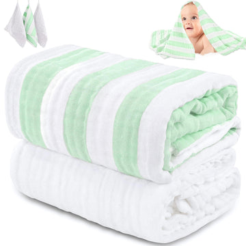 HardNok 5-Piece Muslin Baby Bath Towel Set - 100% Organic Cotton, (2) Large 6-Layer 41x41 Towels & (3) Washcloths, Multi-Use Bla