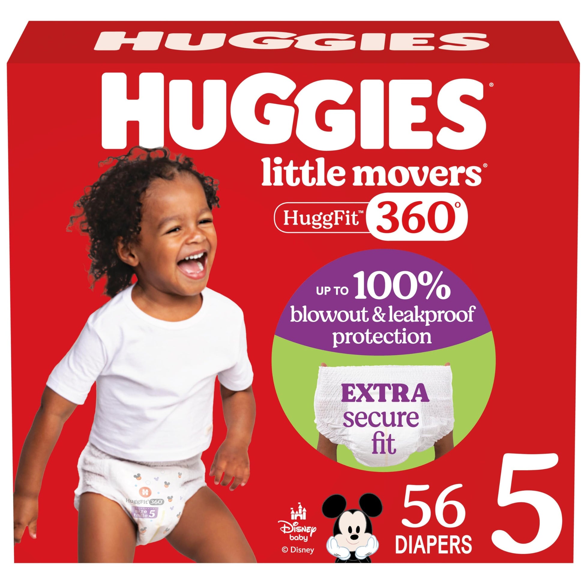 Huggies Size 5 Baby Diapers, Little Movers HuggFit 360 Baby Diapers with 360 Waistband, Size 5 (27+ lbs), 56 Count, Packaging Ma