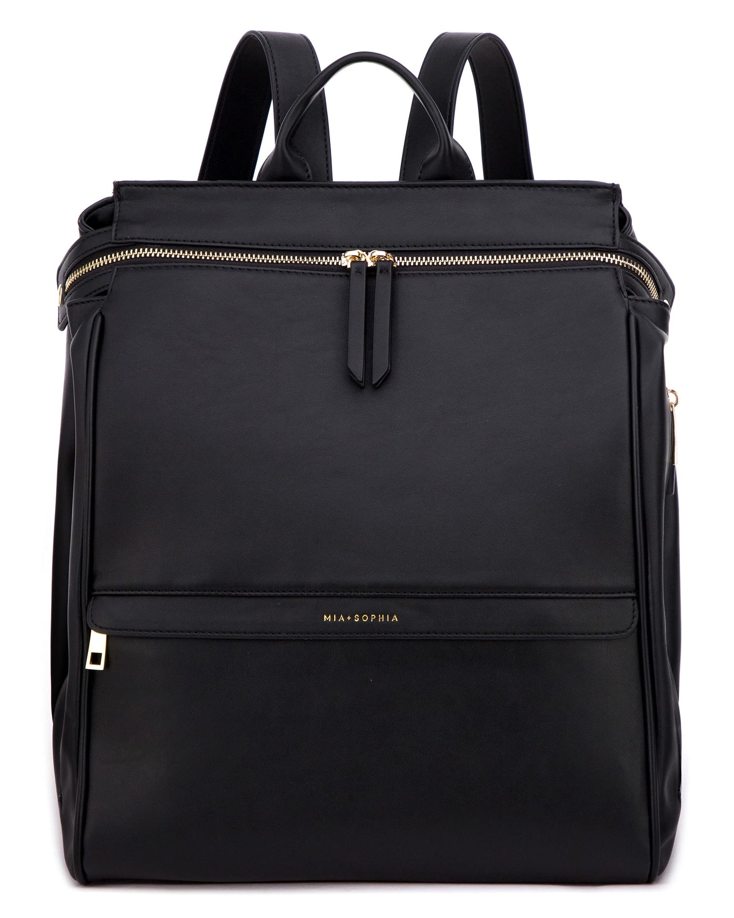 Mia + Sophia Leather Diaper Bag Backpack With Changing Pad, Stroller Straps, Bottle Holder (Black Sophia)