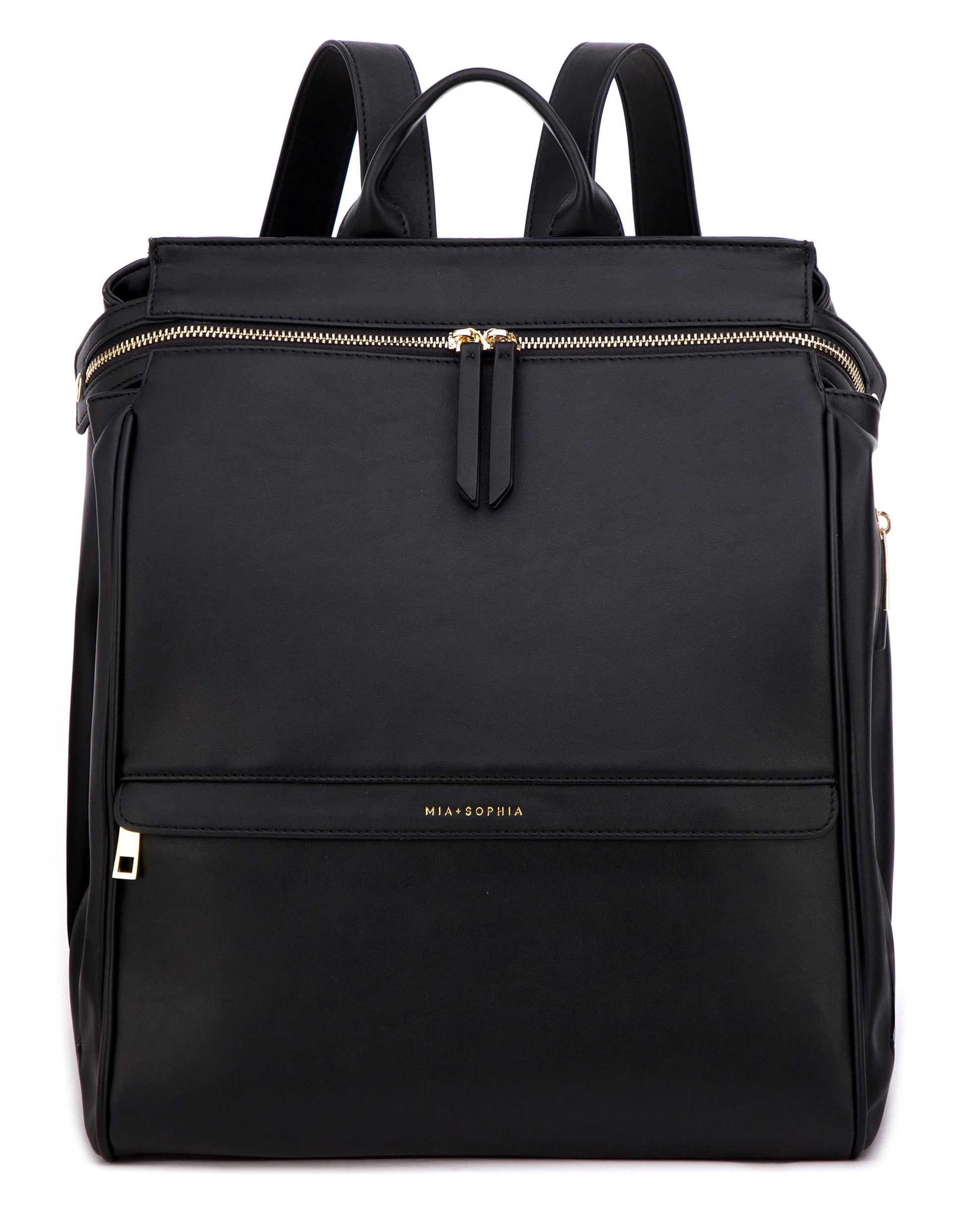 Mia + Sophia Leather Diaper Bag Backpack With Changing Pad, Stroller Straps, Bottle Holder (Black Sophia)