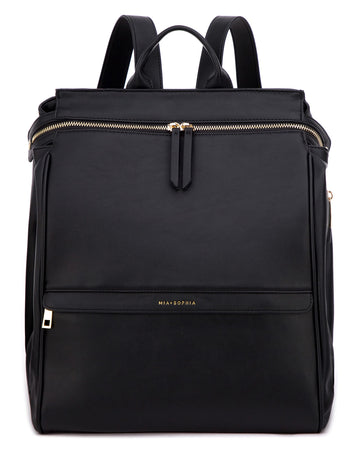 Mia + Sophia Leather Diaper Bag Backpack With Changing Pad, Stroller Straps, Bottle Holder (Black Sophia)