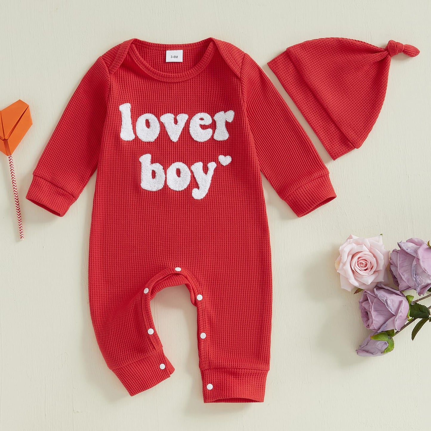 Lesimsam Newborn Infant Baby Boy Valentines Day Outfit Letter Embroidery Long Sleeve Waffle Knit Romper Jumpsuit With Hat(Red, N
