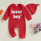 Lesimsam Newborn Infant Baby Boy Valentines Day Outfit Letter Embroidery Long Sleeve Waffle Knit Romper Jumpsuit With Hat(Red, 0