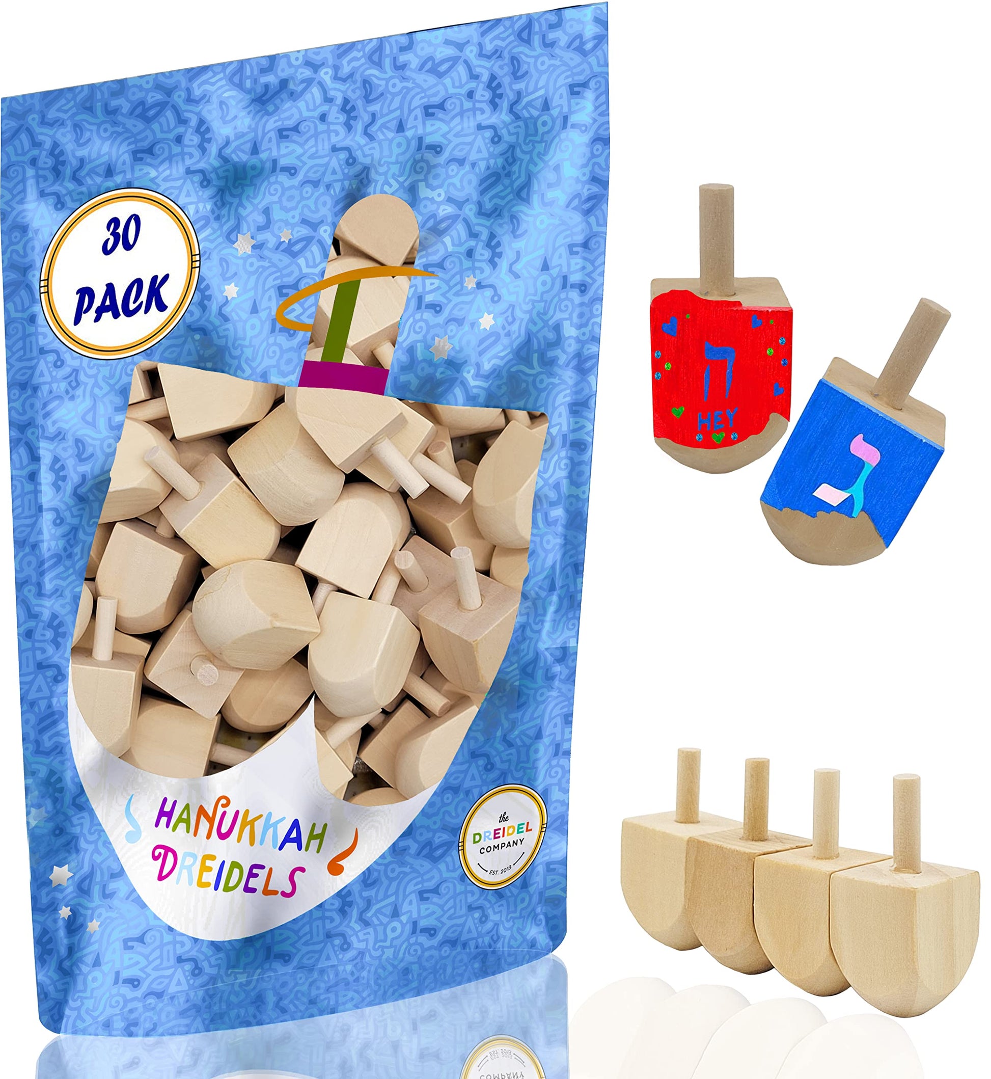 Hanukkah Wood Dreidels, Design Your Own Game, Diy 1.5' Inch Unfinished Natural Wooden Chanukkah Dreidels (30-Pack)