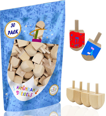 Hanukkah Wood Dreidels, Design Your Own Game, Diy 1.5' Inch Unfinished Natural Wooden Chanukkah Dreidels (30-Pack)