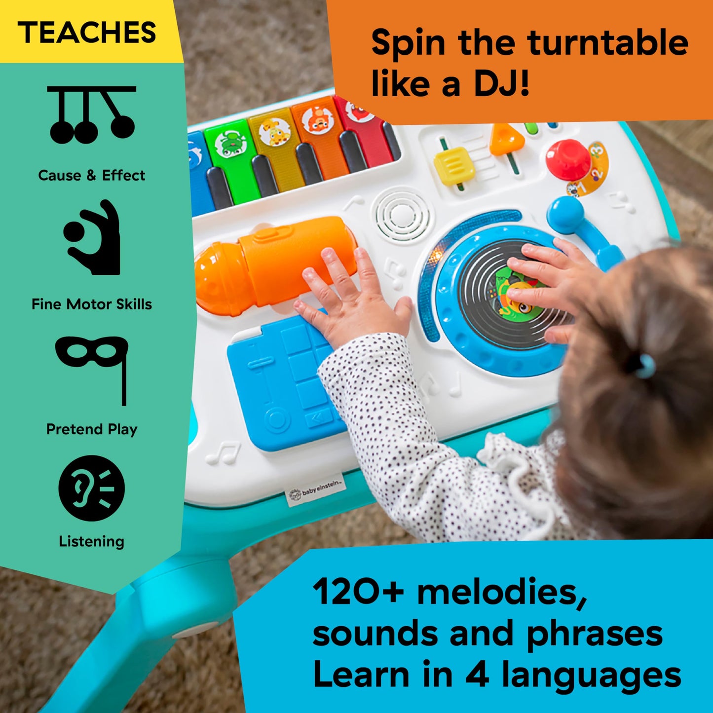 Baby Einstein Musical Mix N Roll 4-in-1 Push Walker, Activity Center, Toddler Table & Floor Toy, 100+ Songs & Phrases, DJ Statio