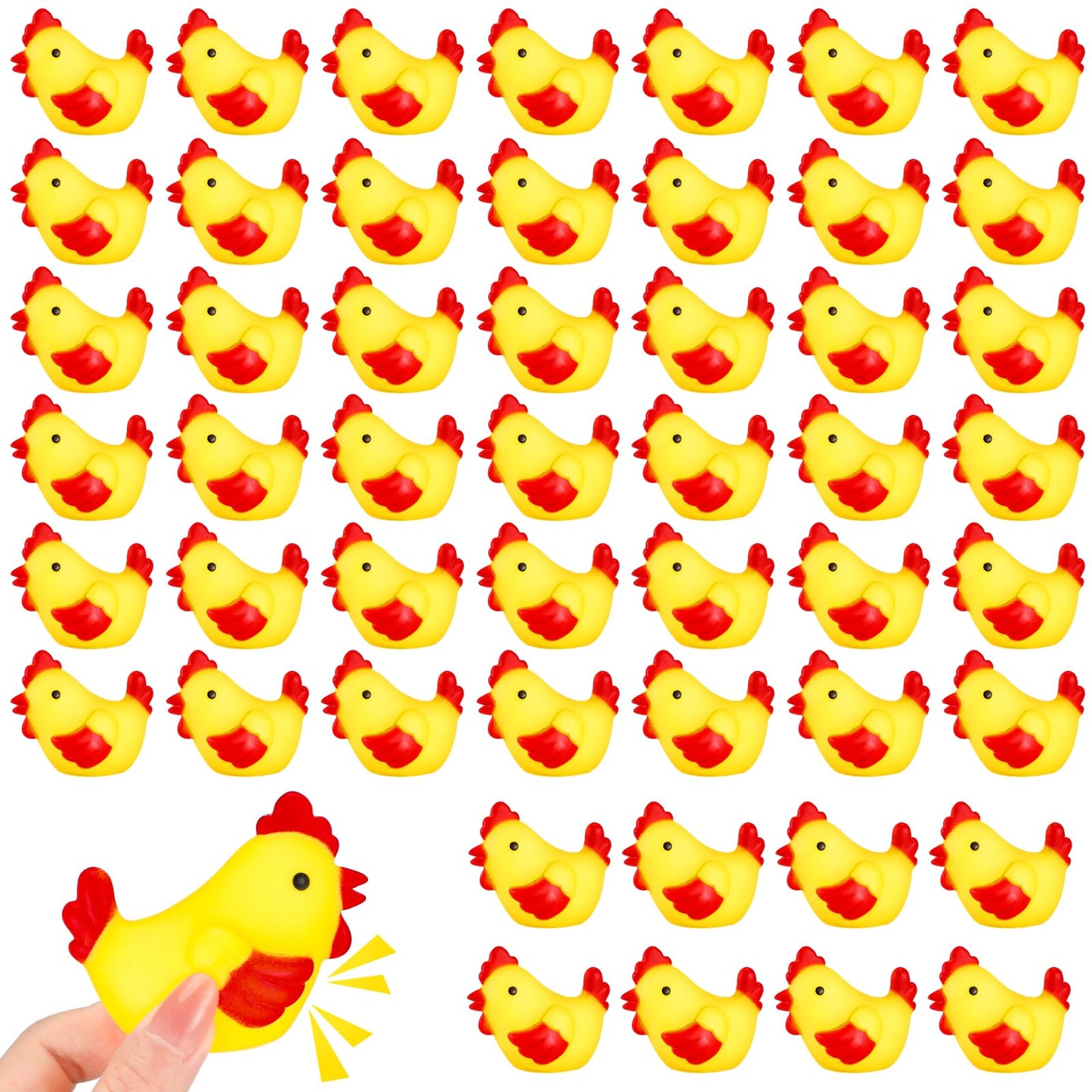 Silipull 50 Pcs Yellow Rubber Chicken Squeak Mini Rubber Chicks Squeezable Squeaky Toy Chicken Noisemaker for Shower Bath Birthd
