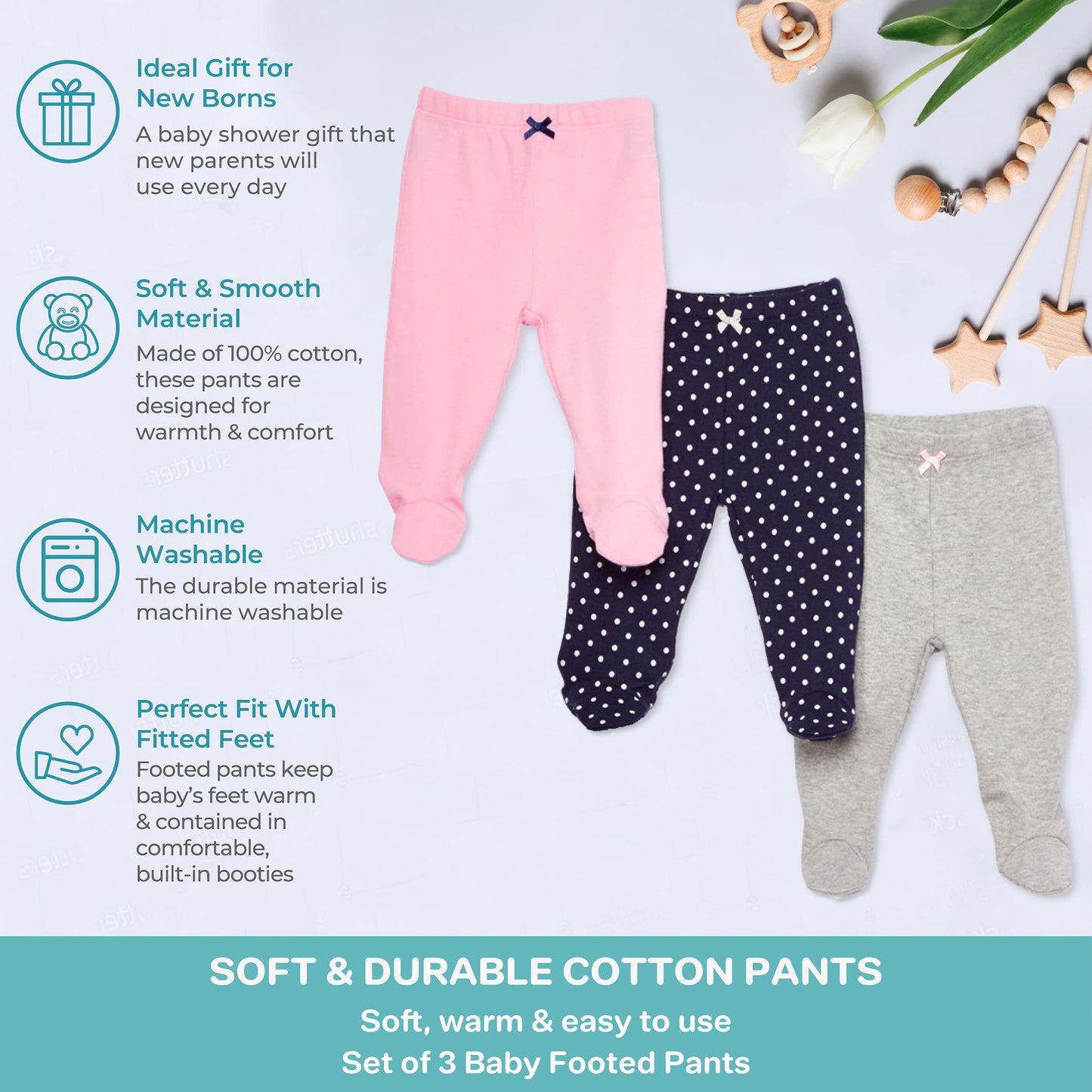 Spasilk Baby Girls Cotton Pull On Footie Pants Leggings With Feet, Pack Of 3, Pink & Gray