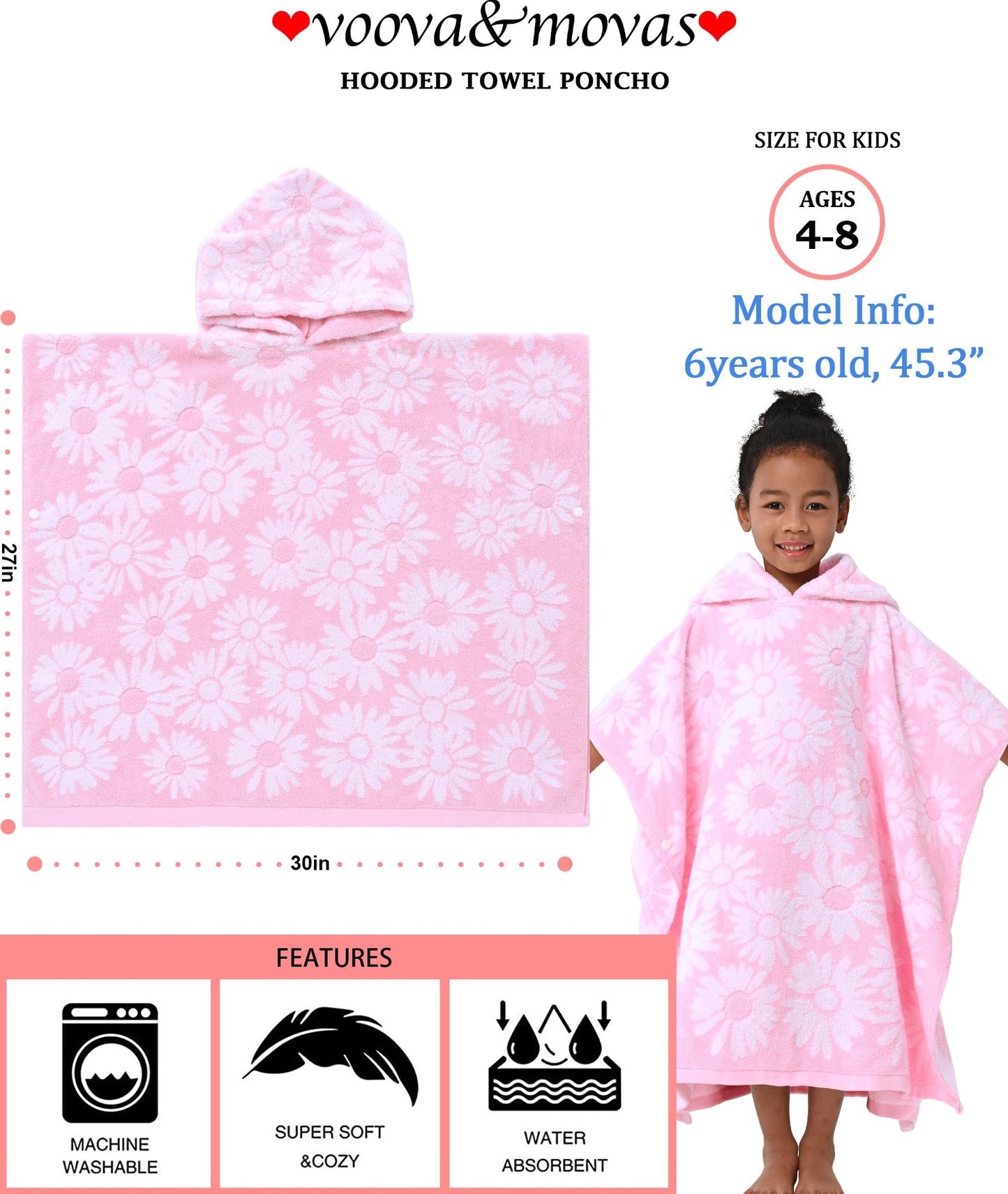 Voova & Movas Thick Hooded Bath Towel Poncho For Kids (4-8Years) - Soft, Absorbent Turkish Cotton Swim Towel Robe, Perfect For B
