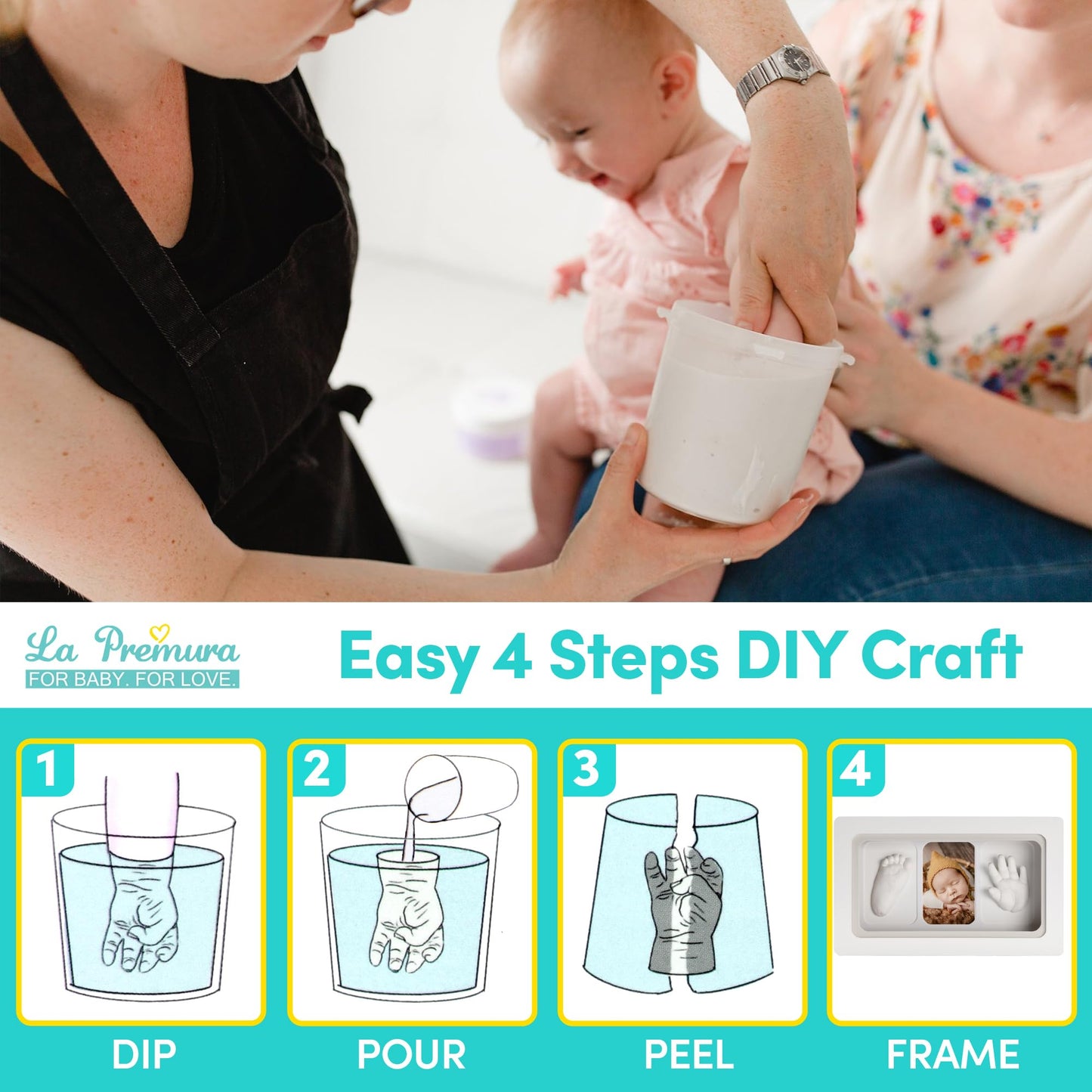 La Premura Baby Keepsake Hand Casting Kit With Shadow Box Frame - Plaster Hand Mold Baby Casting Kit For Infant Hand & Foot Mold
