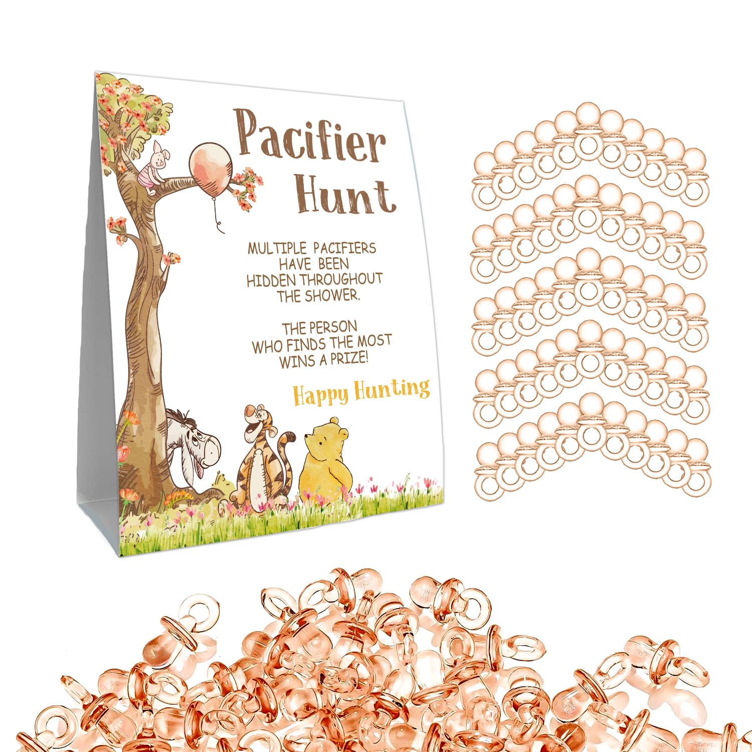 Guawubiang Winnie Mini Pacifiers Baby Shower Games Set, Pacifier Hunt Sign For Baby Shower Game, Baby Pacifier Hunt Game, 50Pcs