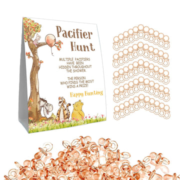Guawubiang Winnie Mini Pacifiers Baby Shower Games Set, Pacifier Hunt Sign For Baby Shower Game, Baby Pacifier Hunt Game, 50Pcs