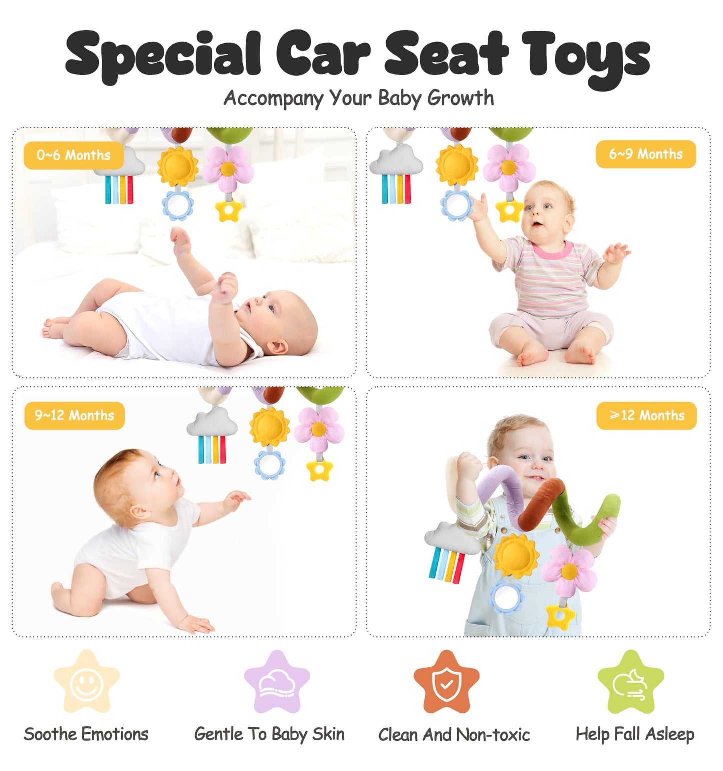 Stuffed Christmas Spiral Baby Car Seat Toys, Best Newborn Shower Gifts, Soft Infant Essentials Must Have Hanging Toys (Vibrant N