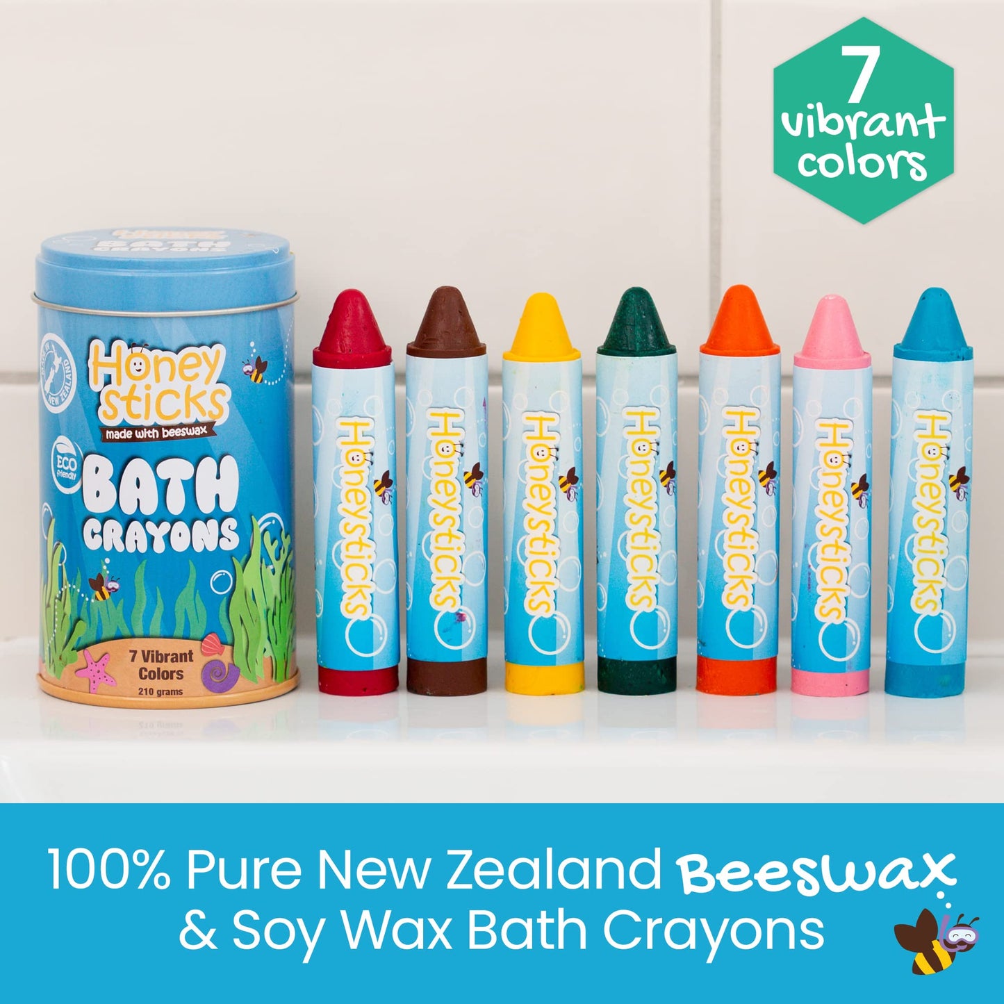 Honeysticks Super Jumbo Bath Crayons Non Toxic (7 Pack) for Toddlers 1-3 and Kids 4-8, Natural Beeswax Crayons, Food-Grade Color