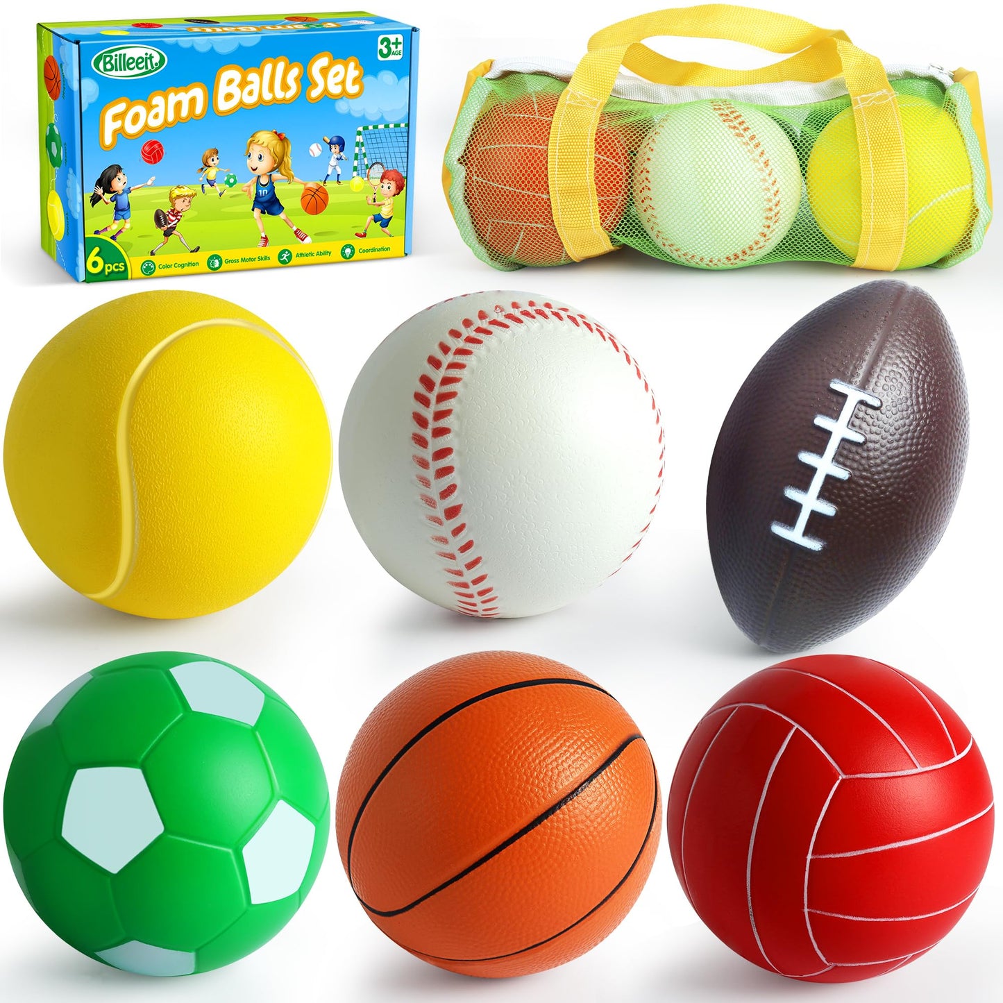Billeeit Mini Sports Balls Set for Toddler 1-3, First Sports Bag for Kids, Include 1 Each of 3.5 Foam Soccer, Tennis Ball, Baske