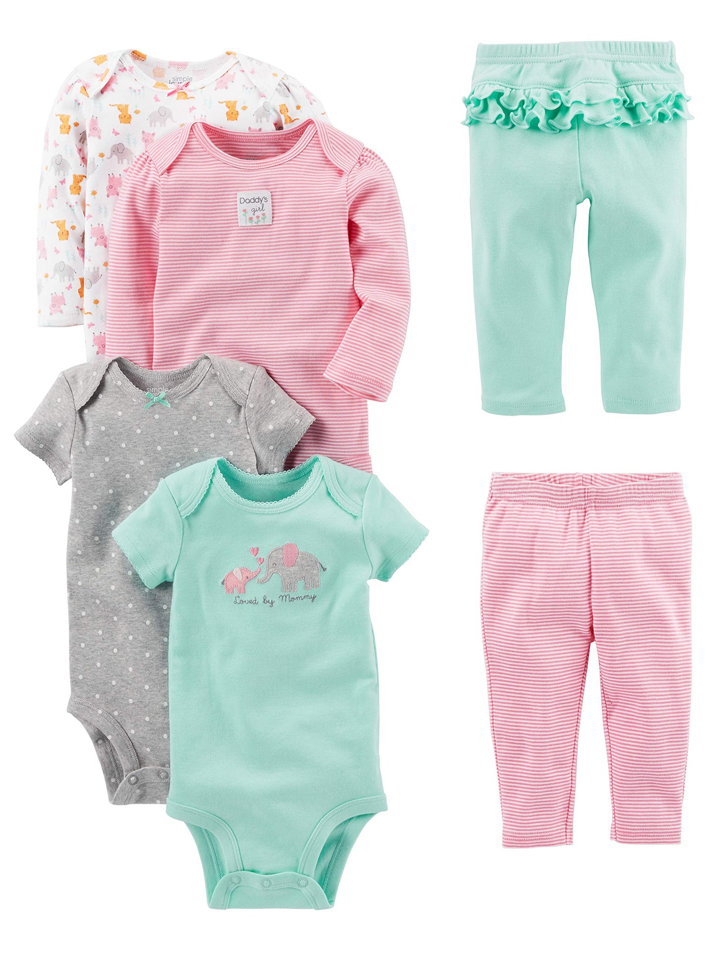 Simple Joys Baby Girls 6 piece Little Character set Sleepwear, Pink/Mint Ruffle, 24 Months