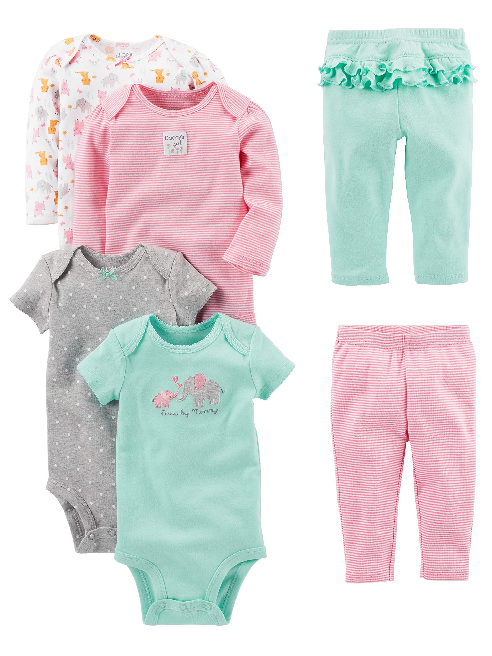 Simple Joys Baby Girls 6 piece Little Character set Sleepwear, Pink/Mint Ruffle, 24 Months