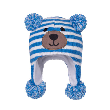 Langzhen Toddler Kids Infant Winter Hat,Earflap Knit Warm Cap Fleece Lined Beanie For Baby Boys Girls (Bear -Blue Stripe, 12-24