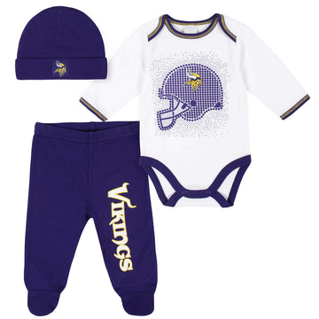 Gerber Nfl Minnesota Vikings 3 Pack Bodysuit Footed Pant And Cap Registry Gift Set, Purple/White Minnesota Vikings, 0-3M