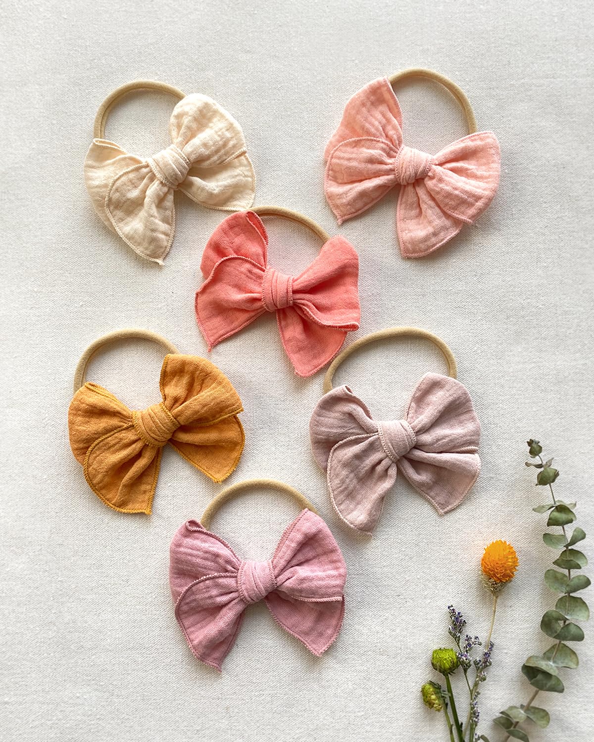 Cherssy Baby Girl Muslin Headbands, 3.5' Cotton Hair Bows Nylon Hairbands For Newborns, Infants, Toddlers - 6Pcs