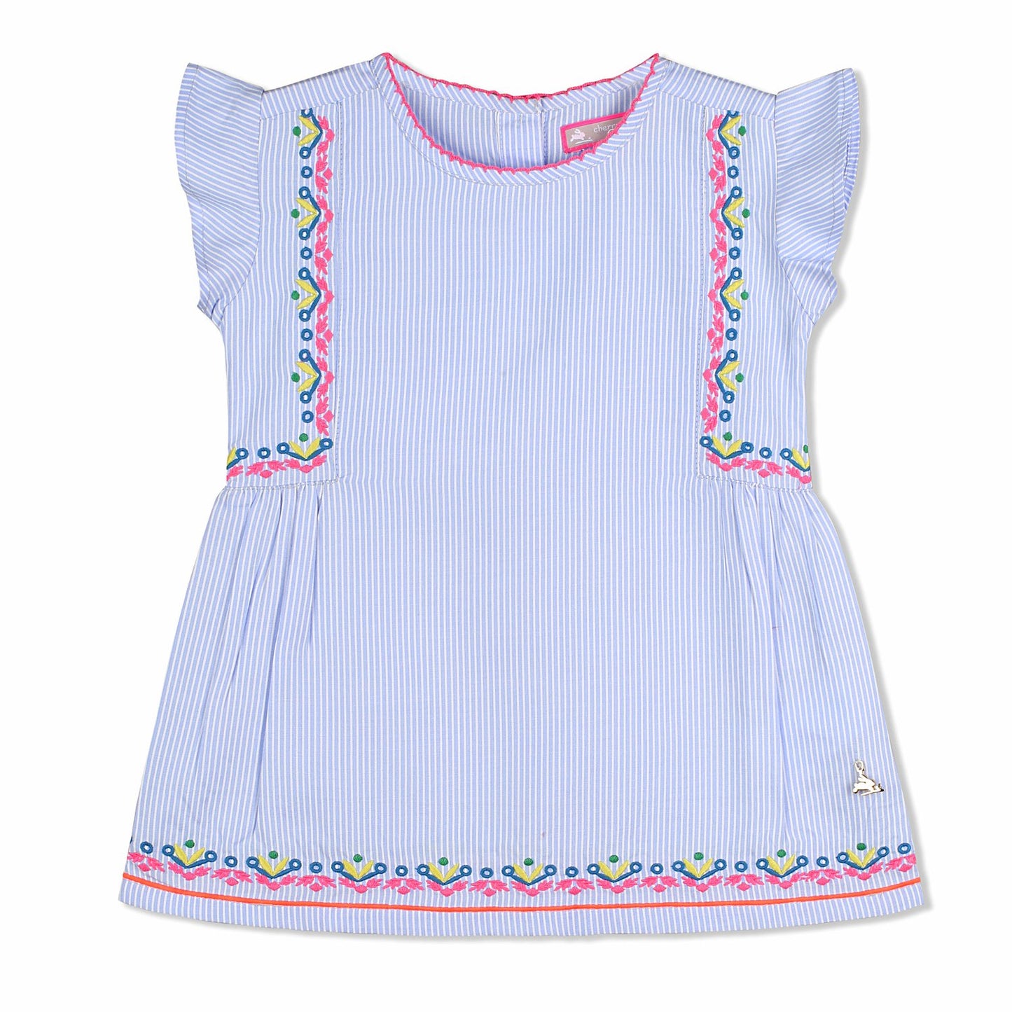 Cherry Crumble Blue Striped 100% Cotton Cap Sleeves Round Neck Casual Wear Regular Fit Summer Top for Girls
