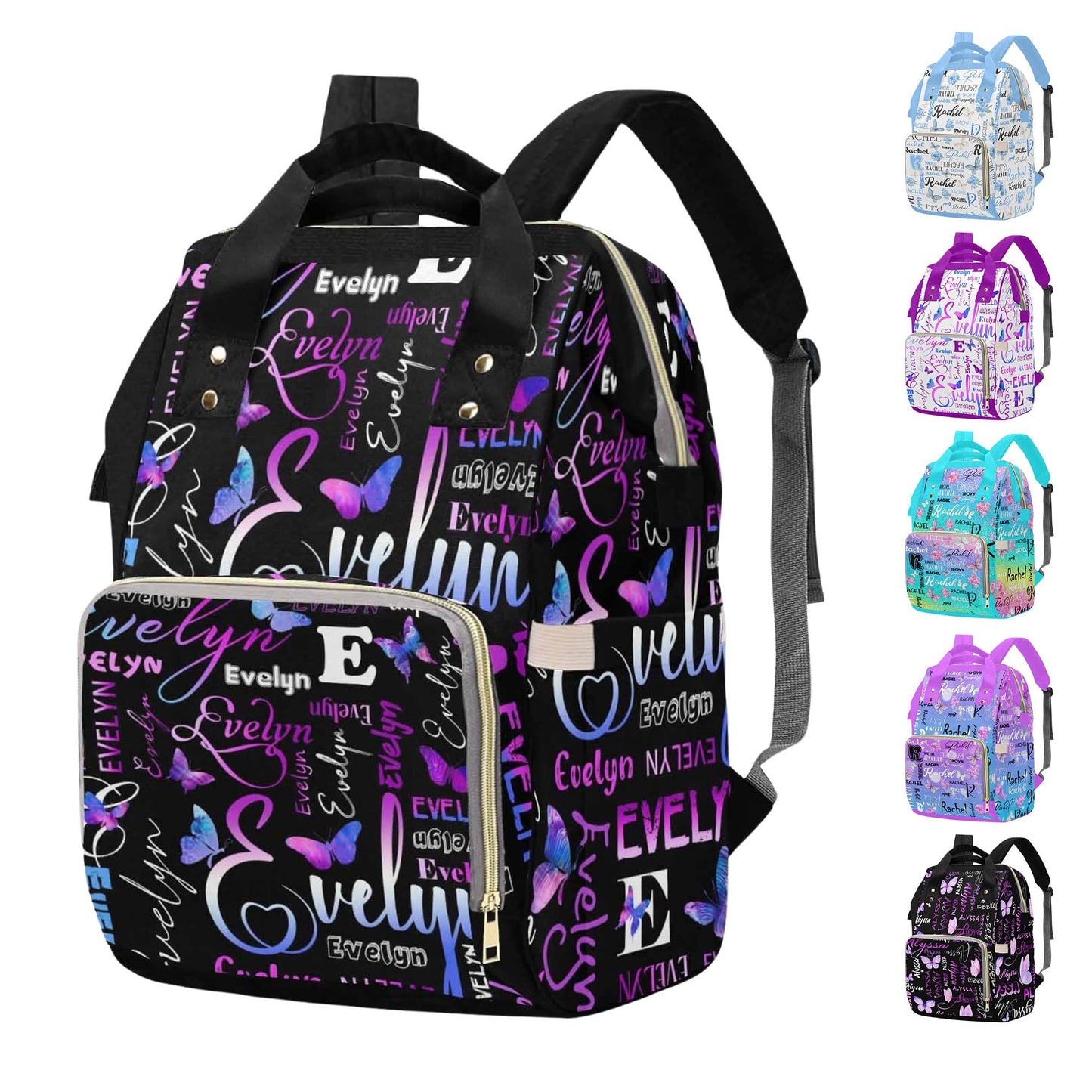 M Yescustom Custom Diaper Bag Backpack For Girls Boys Large Capacity With Pockets Purple Butterfly Personalized Baby Diaper Bags